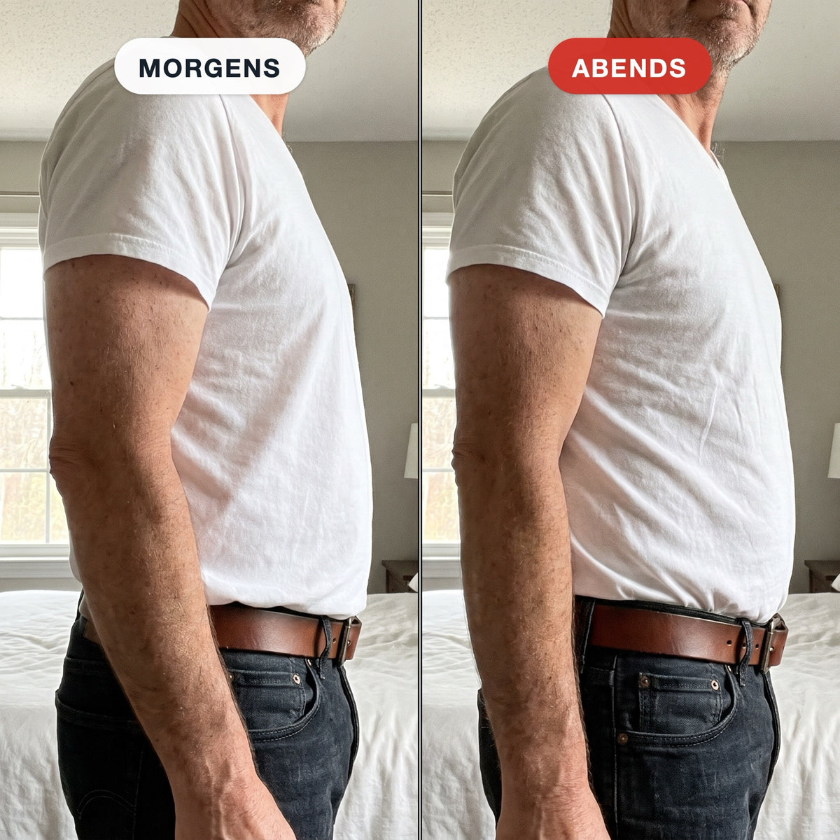 Morgens passt der Guertel, abends sitzt er ein Loch weiter: derselbe Mann, dieselbe Jeans