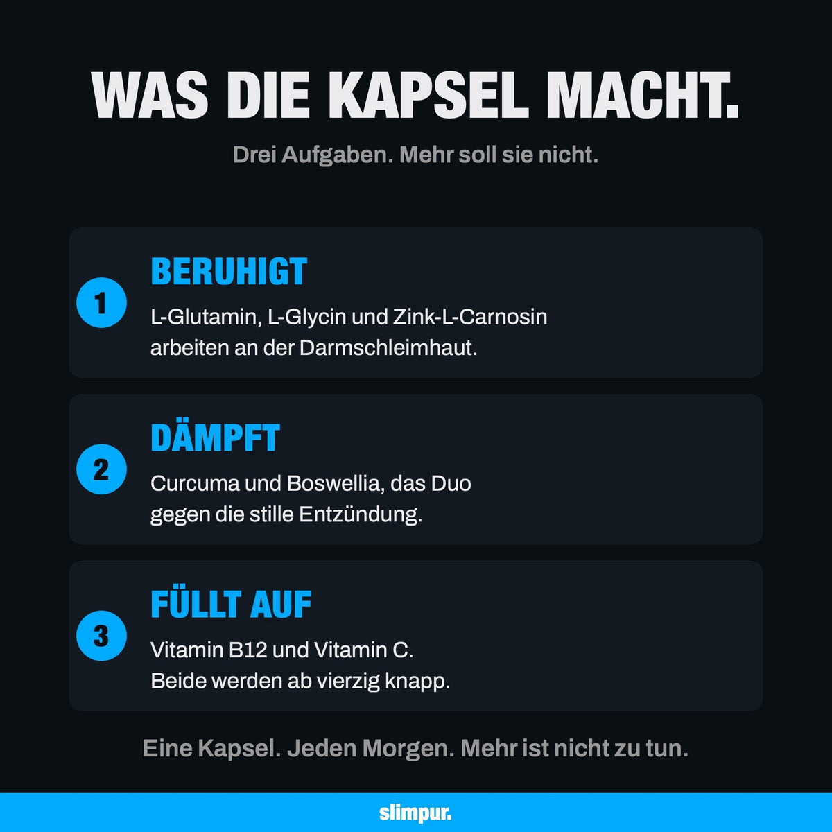 Was die Kapsel macht: beruhigt die Darmschleimhaut, daempft die stille Entzuendung, fuellt auf was ab vierzig knapp wird